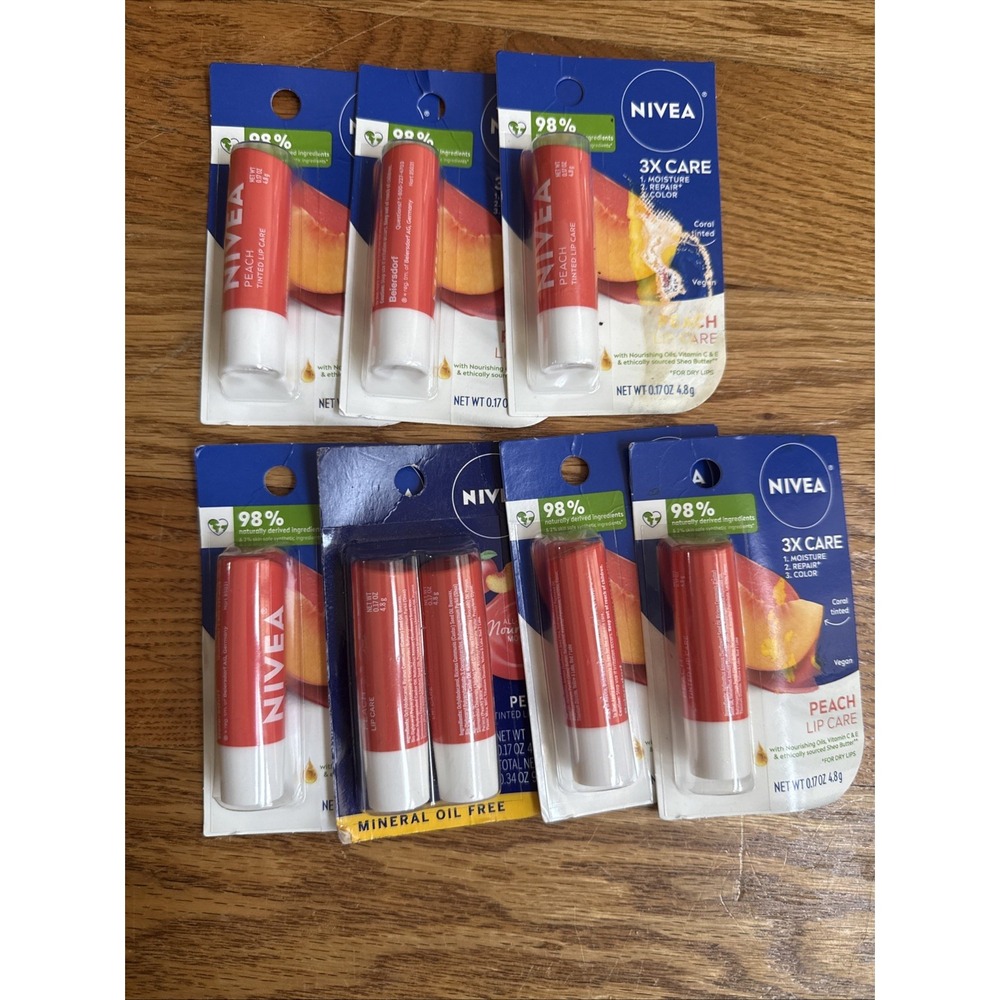8 Tubes • Nivea • PEACH • TINTED LIP CARE  0.17oz Each